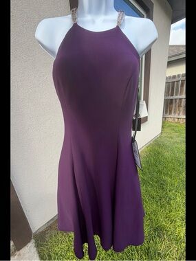 Betsy & Adam Purple Halter Fit-and-Flare Mini Dress with Crystal Straps